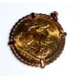 A VICTORIAN 22CT GOLD FULL SOVEREIGN Dated 1892, mounted in pendant form with a rope twist shank.