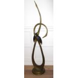 A 20TH CENTURY BRONZE FLOOR STANDING LAMP MODELLED AS PAIR OF STYLIZED BIRDS With elongated