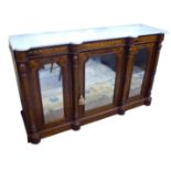 A VICTORIAN WALNUT AND MARQUETRY INLAID CREDENZA The white marble top over three mirrored doors