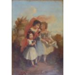 AN EARLY 19TH CENTURY OIL ON PANEL Three young girls, complete with heavy gilt frame. (w 26cm x h