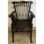 A 19TH CENTURY MAHOGANY COUNTRY LATH BACK ARMCHAIR With shepherd's crock arms and a shaped saddle