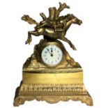 A 19TH CENTURY FRENCH ORMOLU FIGURAL MANTLE CLOCK The finial cast with a classical style horse and