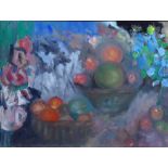 A 20TH CENTURY OIL ON BOARD Still life, flowers and bowls of fruit, signed lower right 'BR', mounted
