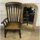 A 19TH CENTURY FRUITWOOD LATH BACK COUNTRY ARMCHAIR Along with a 19th Century pine mirror. (h 97cm x