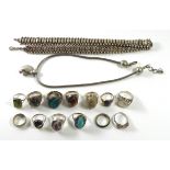 A COLLECTION OF TEN VINTAGE SILVER JEWELLERY AND HARDSTONE RINGS Each set with a cabochon cut stone,