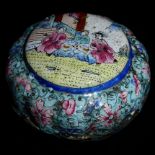 CANTON, A 19TH CENTURY CIRCULAR ENAMEL LIDDED POT The central panel hand painted with seated figures