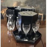 WATERFORD, IRISH, A BOXED SET OF SIX LARGE WINE GLASSES Along with a carafe.