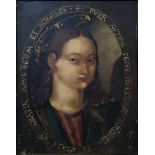 A 17TH CENTURY OIL ON COPPER Portrait of a Saint with script border, indistinctly inscribed verso
