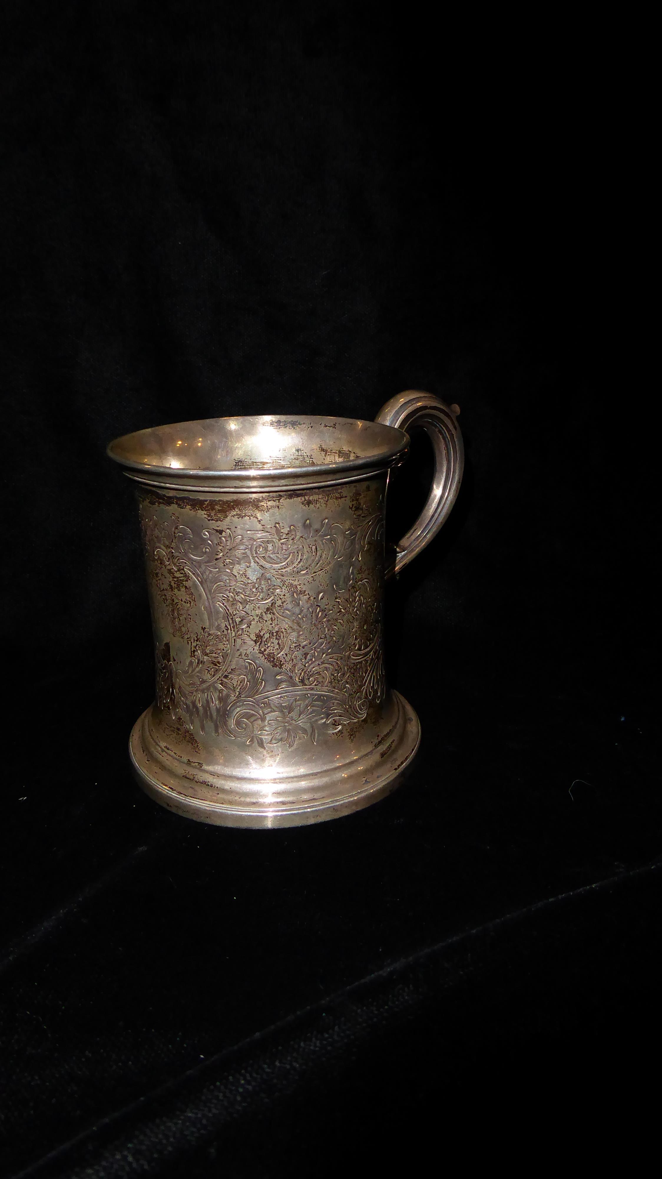 A VICTORIAN SILVER CHRISTENING MUG Having a scrolled handle and finely engraved decoration, - Image 2 of 3