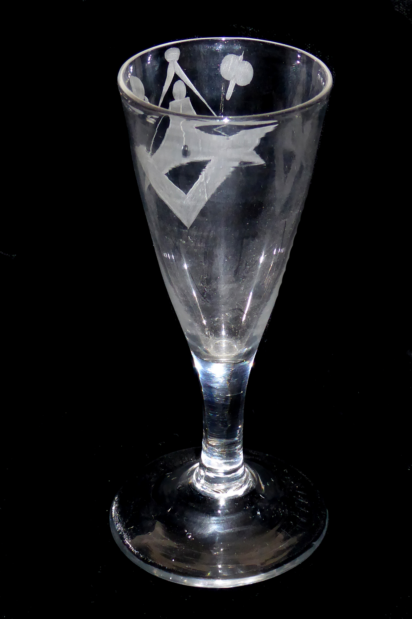 A LATE 18TH CENTURY ALE GLASS With tapering plain stem and bowl engraved at one side, with Masonic - Image 2 of 2