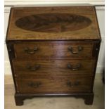 A 19TH CENTURY MAHOGANY AND SATINWOOD CROSSBANDED BUREAU. (h 94cm x w 75cm x depth 47cm)