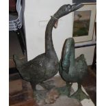 A PAIR OF LARGER THAN LIFE SIZED GREEN PATINATED BRONZE STATUES/WATER FOUNTAIN OF GEESE. (110cm)