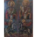 A LARGE 19TH CENTURY CONTINENTAL OIL ON PANEL Religious icon, four sections featuring saints and
