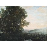 A LARGE 18TH CENTURY ENGLISH SCHOOL OIL ON CANVAS Riverscape, with trees, framed. (75cm x 101cm)