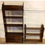 A MAHOGANY FOUR TIER WALL SHELF With four trinket drawers, along with a smaller 19th Century oak