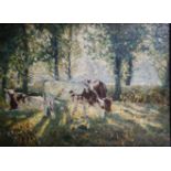 AN EARLY 20TH CENTURY OIL ON CANVAS Impressionist landscape, cattle in a field, bearing gallery