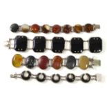 A COLLECTION OF FOUR VINTAGE WHITE METAL AND AGATE BRACELETS Various forms including octagonal, oval