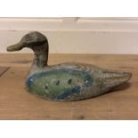 AN ANTIQUE PAINTED PINE DECOY DUCK. (l 30cm x d 13cm x h 15cm)