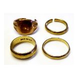 TWO VINTAGE 9CT GOLD WEDDING BANDS One having engraved decoration to edges, together with two 9ct