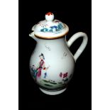 AN 18TH CENTURY CHINESE FAMILLE ROSE PORCELAIN MILK JUG AND COVER Hand painted with figures