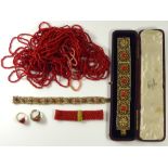A COLLECTION OF VINTAGE CORAL JEWELLERY ITEMS Including a silver gilt bracelet, each link set with
