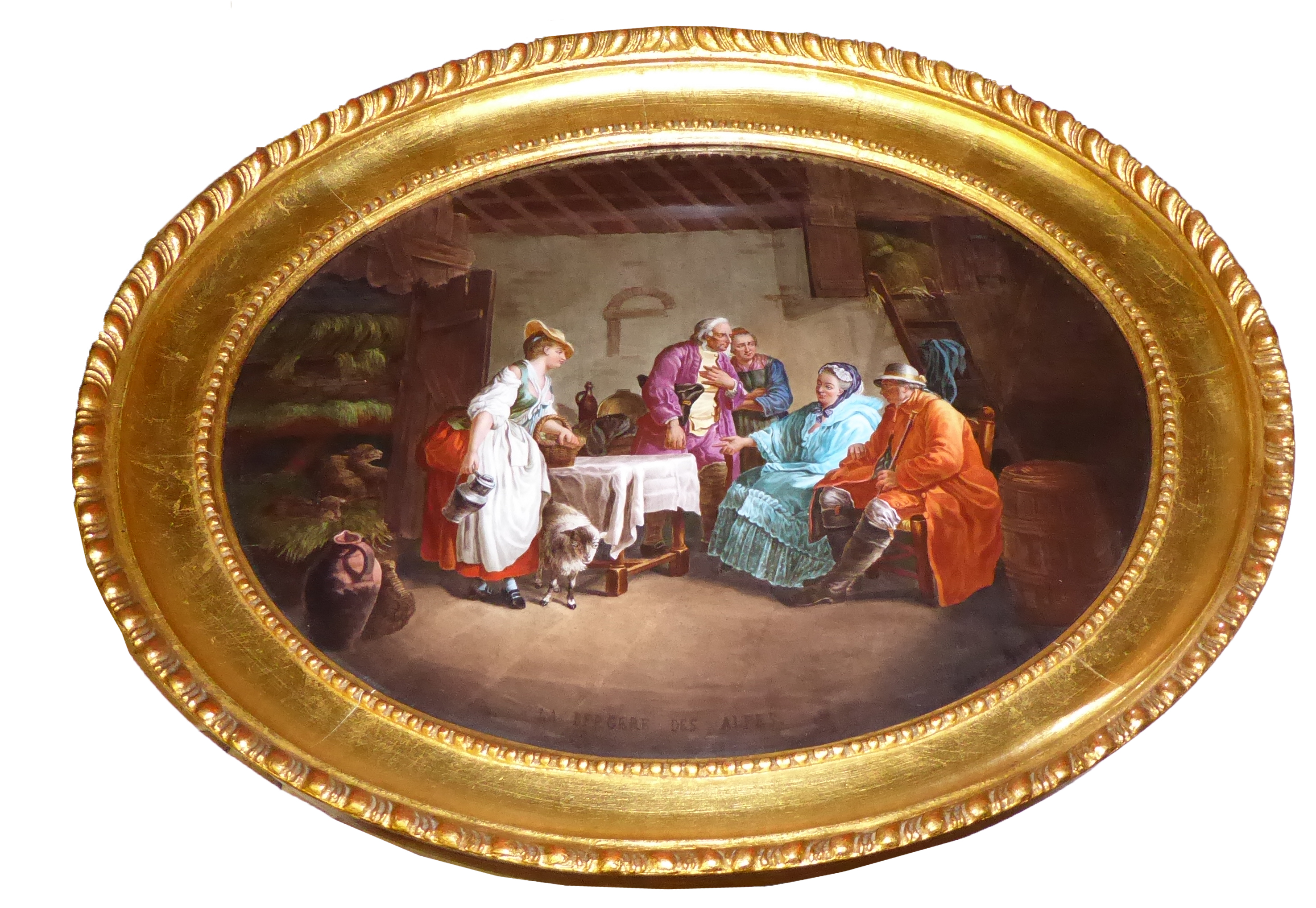 A LARGE CONTINENTAL PORCELAIN OVAL PLAQUE Titled 'La Bergere des Alles', interior farmhouse scene,