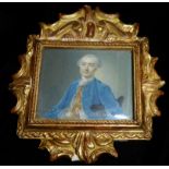 A 19TH CENTURY RECTANGULAR PORTRAIT MINIATURE Gent wearing a blue jacket and clutching a bicorn hat,