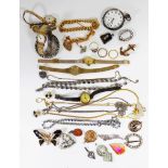 A COLLECTION OF VICTORIAN AND LATER GOLD, SILVER AND COSTUME JEWELLERY ITEMS Comprising a 22ct