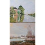 J. CLARK, A PAIR OF 20TH CENTURY OIL ON CANVAS Landscapes, view of a marshland and a boat on a
