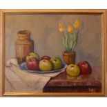 T.N., A 20TH CENTURY OIL ON BOARD Still life, fruit, cream framed. (61cm x 52cm)