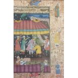 AN INDO-PERSIAN GOUACHE AND WATERCOLOUR ON PAPER Interior scene, figures in a marquee with