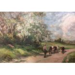 A LATE 19TH/EARLY 20TH CENTURY OIL ON CANVAS, LANDSCAPE Cattle on a path, indistinctly signed