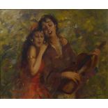 A LATE 19TH/EARLY 20TH CENTURY OIL ON CANVAS Gypsy girls playing violin, indistinctly signed lower