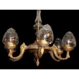 A LATE 19TH/EARLY 20TH CENTURY BRASS AND CUT GLASS ELECTROLIER CEILING LIGHT Six branches with domed