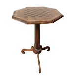 A 19TH CENTURY MAHOGANY OCCASIONAL TABLE The marquetry inlaid hexagonal top with checker board games
