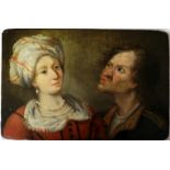 A 17TH/18TH CENTURY ITALIAN OIL ON PANEL A conversing couple, framed. Oil 24 x 33.5cm, frame 34 x