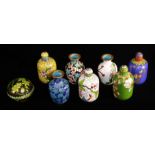 EIGHT MINIATURE CLOISONNÉ VASES/JARS To include a set of four lidded jars, all having gilt character