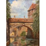 A 20TH CENTURY GERMAN SCHOOL OIL ON CANVAS, CANAL SCENE Indistinctly signed lower right. (canvas w