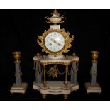 A 19TH CENTURY FRENCH WHITE MARBLE PORTICO MANTLE CLOCK GARNITURE The enamelled dial with Arabic