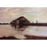 AN EARLY 20TH CENTURY OIL ON ARTIST BOARD Landscape, windmill with farm buildings near a river, held