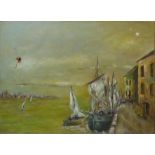 A 19TH CENTURY OIL ON CANVAS, HARBOUR SCENE Sailing boats. (canvas 39cm x 28cm/frame 63cm x 52.5cm)