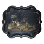 A 19TH CENTURY RUSSIAN TOLEWARE TRAY With cartouche border painted with dancing peasants, signed
