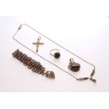 A SMALL COLLECTION OF 9CT GOLD AND GEM SET JEWELLERY To include a gate link bracelet, a hardstone