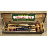 A VINTAGE PINE JAQUES CASED CROQUET SET.