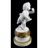 A 19TH CENTURY FRENCH PARIAN WARE GROUP Putti at a tree holding a basket, on a marble base with gilt