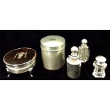 A COLLECTION OF VICTORIAN AND LATER SILVER WARE To include a circular tortoiseshell jewellery box,