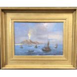 AN OIL ON PANEL, COASTAL SCENE Mount Vesuvius with sailboats in foreground, gilt Oxford frame and