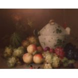 JIM LAWSON, OIL ON CANVAS Still life, fruit and a jug, signed lower right and framed. (canvas w 62cm