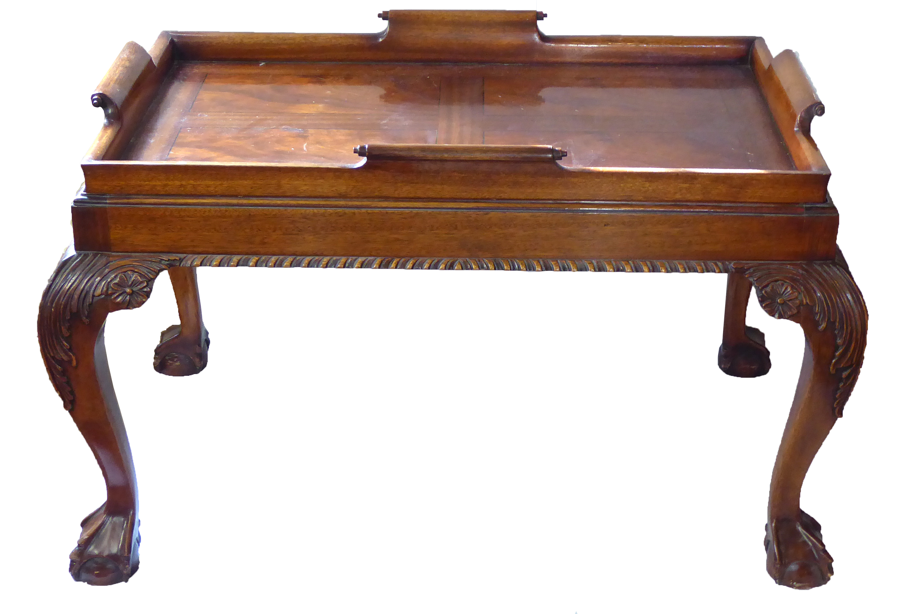 AN 18TH CENTURY DESIGN MAHOGANY TRAY TABLE With four scroll handles, raised on cabriole legs