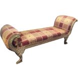 A REGENCY DESIGN CARVED GILTWOOD AND UPHOLSTERED SCROLL END DAYBED. (h 83cm x w 209cm x d 76cm)
